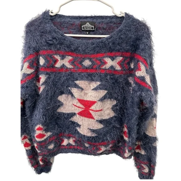 Angie Blue Red Tan Aztec Geometric Fuzzy Shag Pullover Sweater Size M - Picture 1 of 2